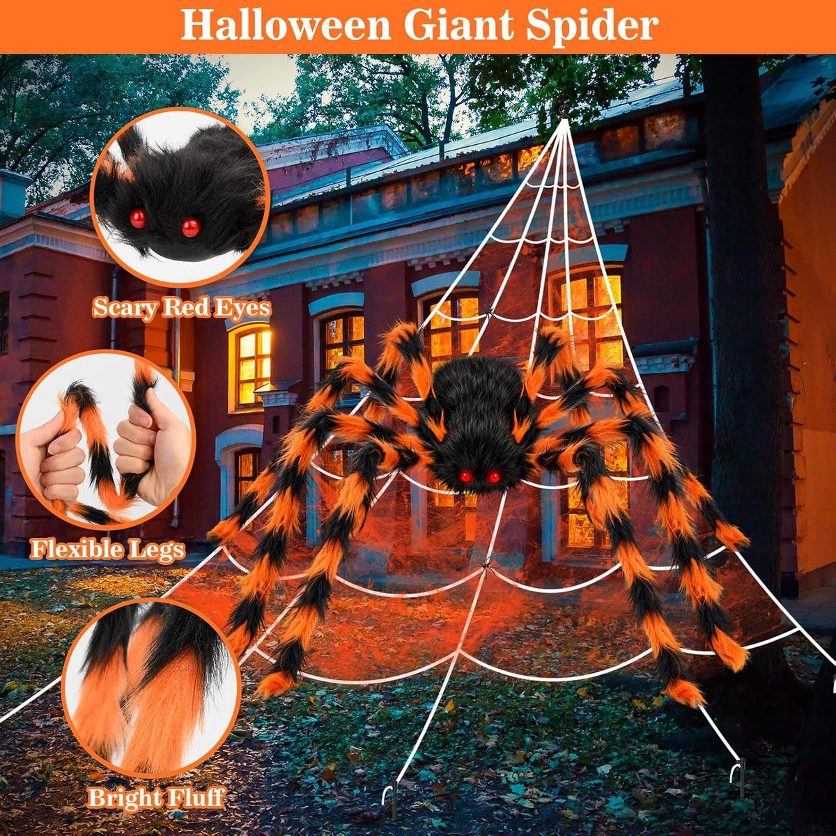 Halloween Decorations Spider Web, 50'' Giant Spider + 200'' Triangular Giant Spider Web and 20G Spider Web, Halloween Spider for Indoor Outdoor Scary Haunted House Spider Web Party Halloween Yard