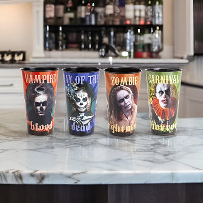 Set of 4 Large 32Oz Horror Themed Halloween Party Cups Realistic Graphics Zombie Vampire Clown Day of the Dead Sturdy Plastic Reusable Drinks Beverage Cup Tumbler