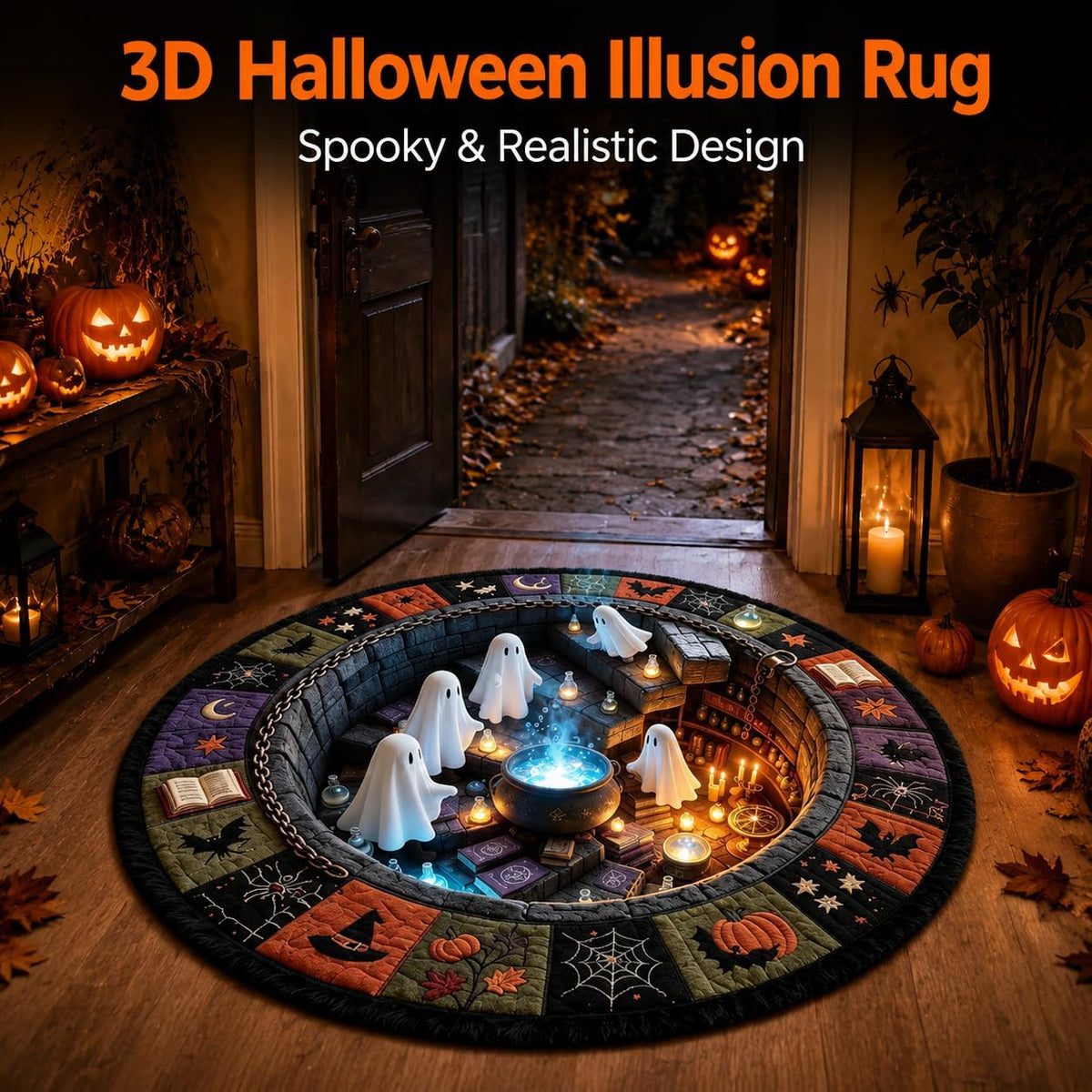 Halloween 3D Rug, 3Doptical Illusion Skeleton Abyss round Area Rug, Spooky Indoor Floor Mat for Living Room Bedroom Entryway and Halloween Party Decor (80 * 80Cm) (Rug-15)