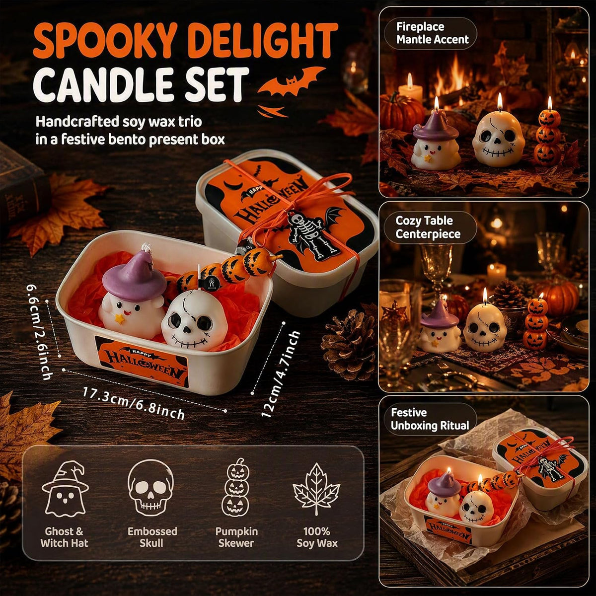 Halloween Scented Candle Set - 3-Piece Ghost, Pumpkin, and Skull Decor