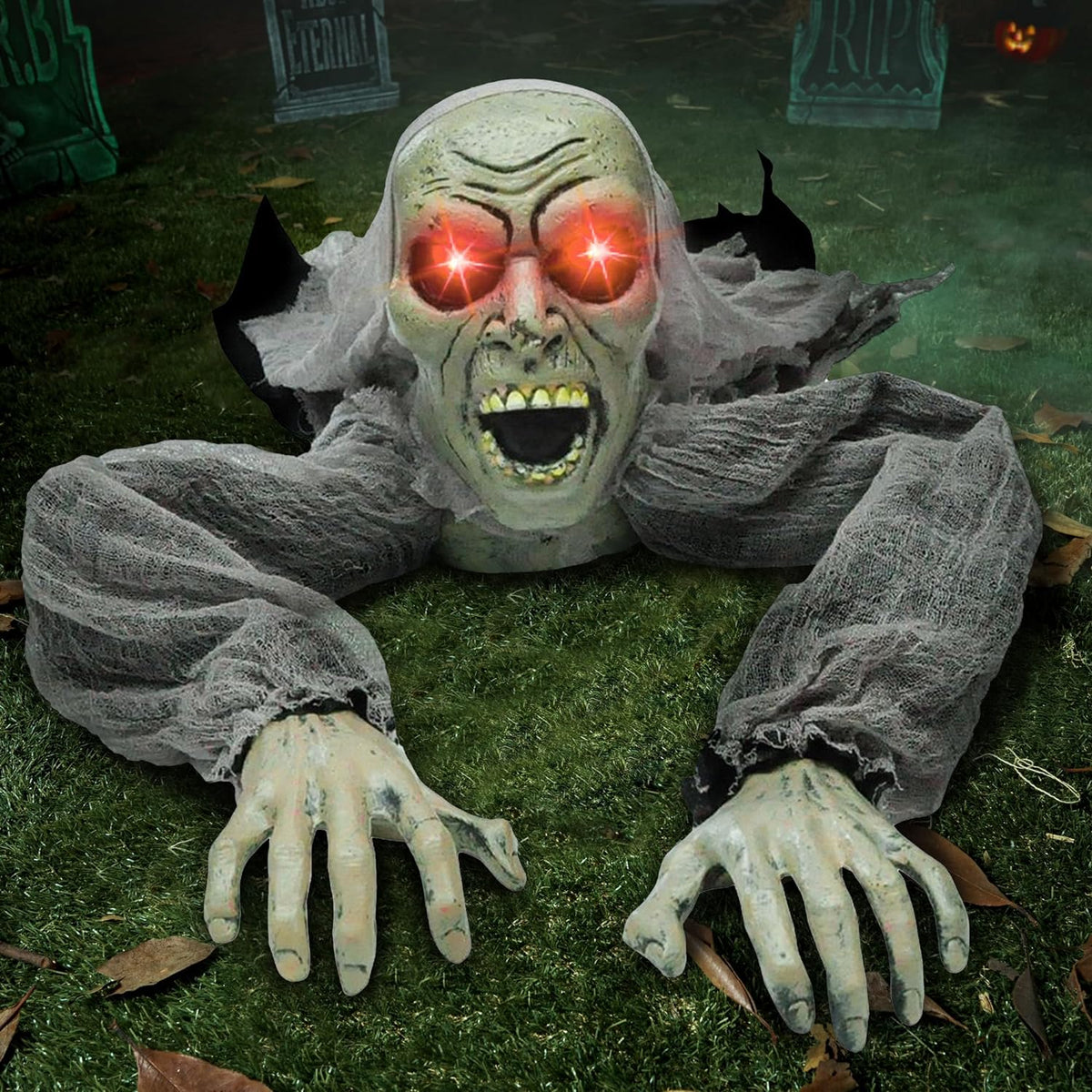 Zombie Halloween Decoration Outdoor Groundbreaker Scary Halloween Graveyard Decor with Sound and Flashing Eyes for Yard Garden, outside Lawn Haunted House Prop