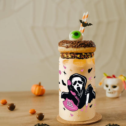 Halloween Mug Ghostface, Horror Ghost Mask Glass Cups with Lids and Straws Halloween Boo Gifts Cup Ghost Coffee Matcha Glass, Gift for Women Friends Men Gifts