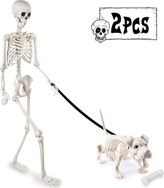 Halloween Posable Skeleton, 165Cm/5.4Ft Realistic Halloween Human Skeleton Full Body Movable Joints Skeletons with Dog Skeleton for Halloween Spooky Props Party Decoration