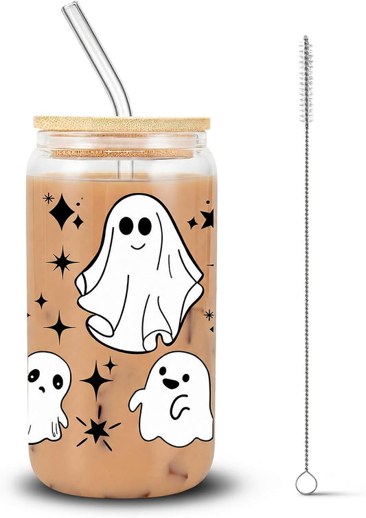 Halloween Glass Tumbler with Straw and Lid, Pumpkin Ghost Design (Style B)