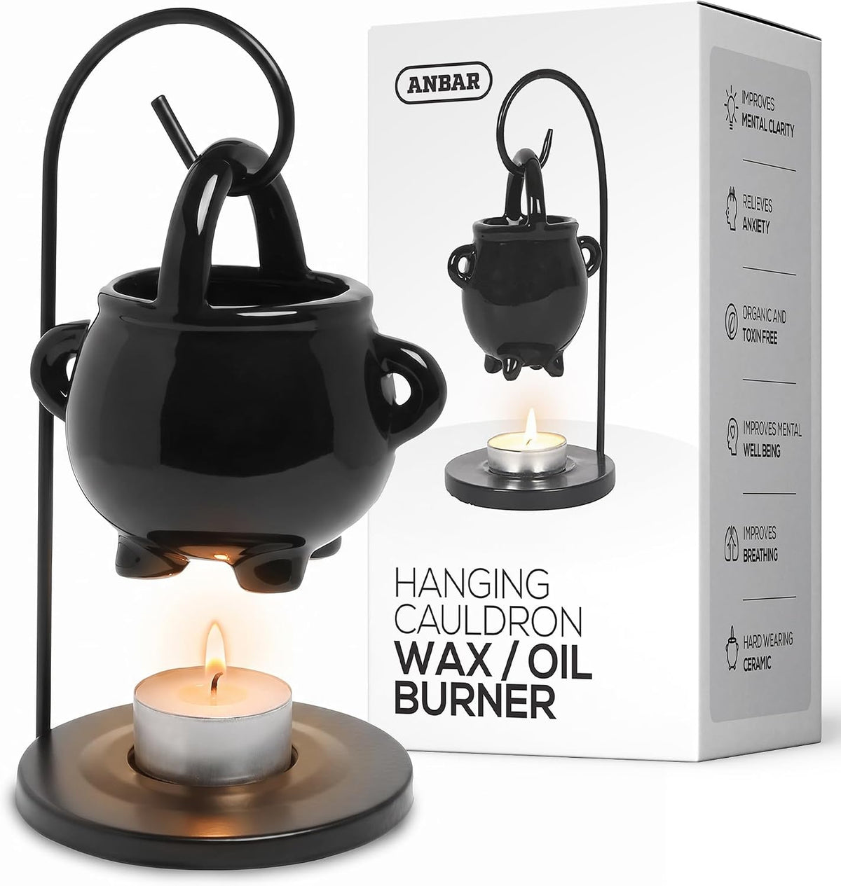 Cauldron Wax Melt Burner with Tealight Candle, Warming Stand, Decorative Hanging Living Room Home Decor and Aromatherapy, Spooky Halloween Black Warmer Pot