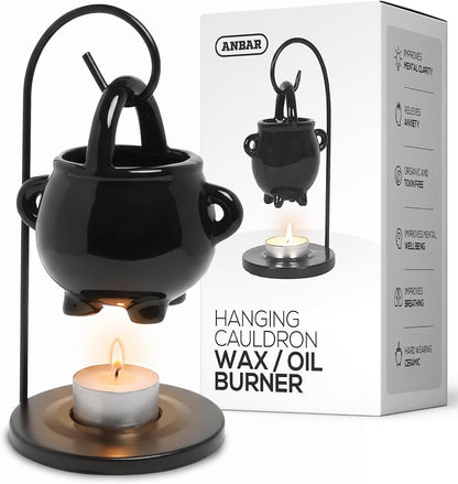 Cauldron Wax Melt Burner with Tealight Candle, Warming Stand, Decorative Hanging Living Room Home Decor and Aromatherapy, Spooky Halloween Black Warmer Pot