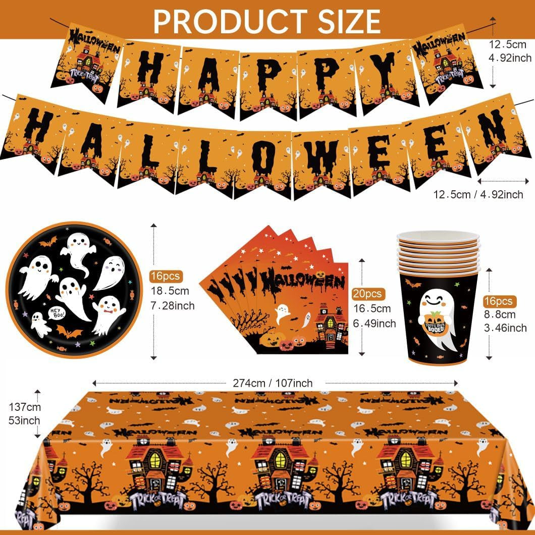 54Pcs Halloween Party Tableware Decorations Halloween Party Decorations Table Cloth ,Banner,Paper Napkins,7Inch Paper Plates Dinnerware Set for Halloween Theme Table Party Favor