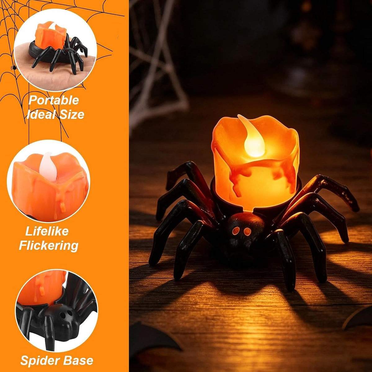 Halloween Candles, 6Pcs Flameless Spider Lights LED Tealights