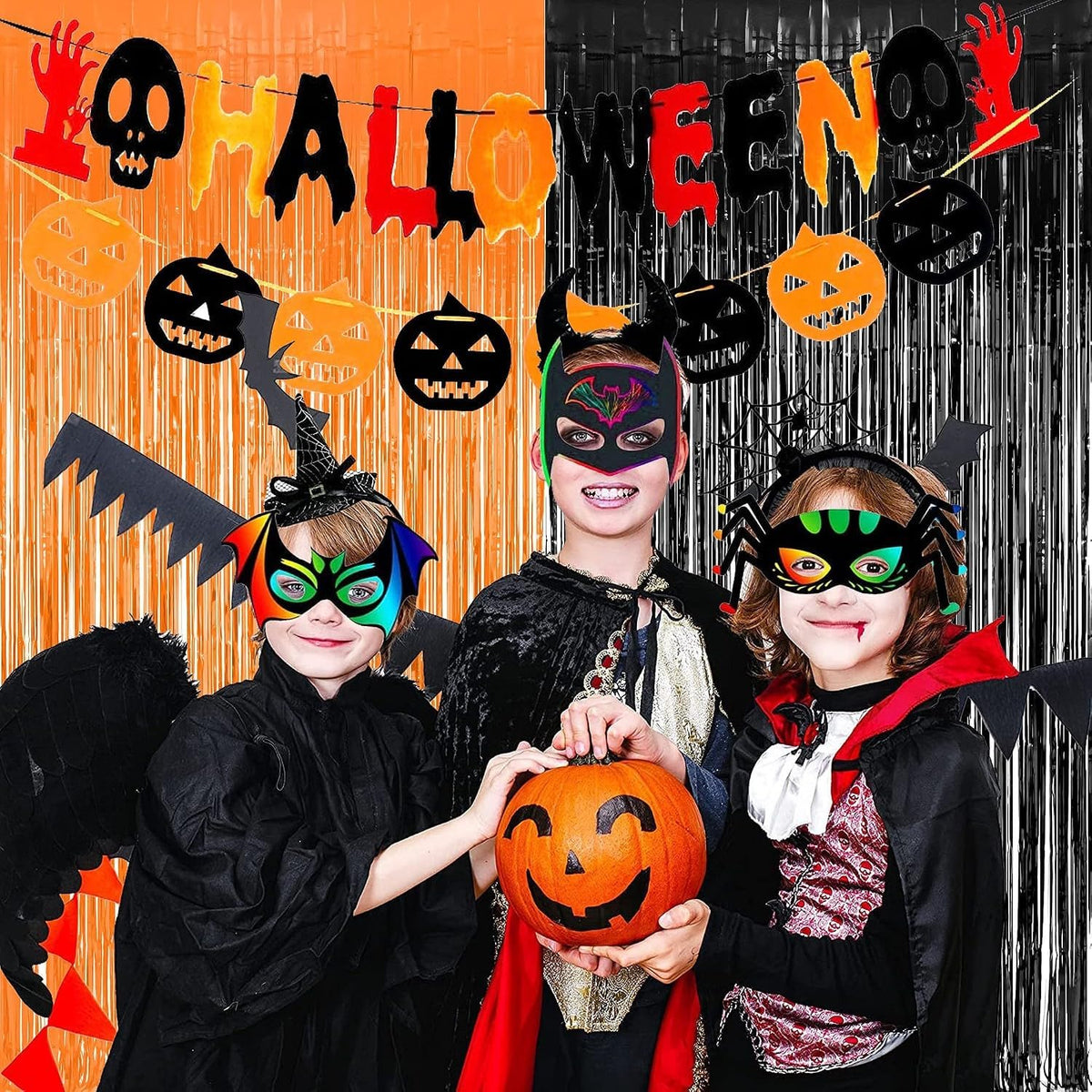 Halloween Party Decorations Black Orange Foil Fringe Curtain - 2PCS 3.3 X 8.2 Ft Metallic Tinsel Curtains Photo Booth Backdrop, Room Decor for Halloween Pumpkin Costumes Family Party