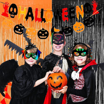 Halloween Party Decorations Black Orange Foil Fringe Curtain - 2PCS 3.3 X 8.2 Ft Metallic Tinsel Curtains Photo Booth Backdrop, Room Decor for Halloween Pumpkin Costumes Family Party
