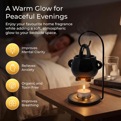 Cauldron Wax Melt Burner with Tealight Candle, Warming Stand, Decorative Hanging Living Room Home Decor and Aromatherapy, Spooky Halloween Black Warmer Pot