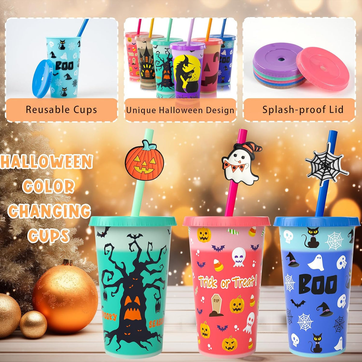 Set of 6 Color-Changing 12 Oz Plastic Cups for Halloween