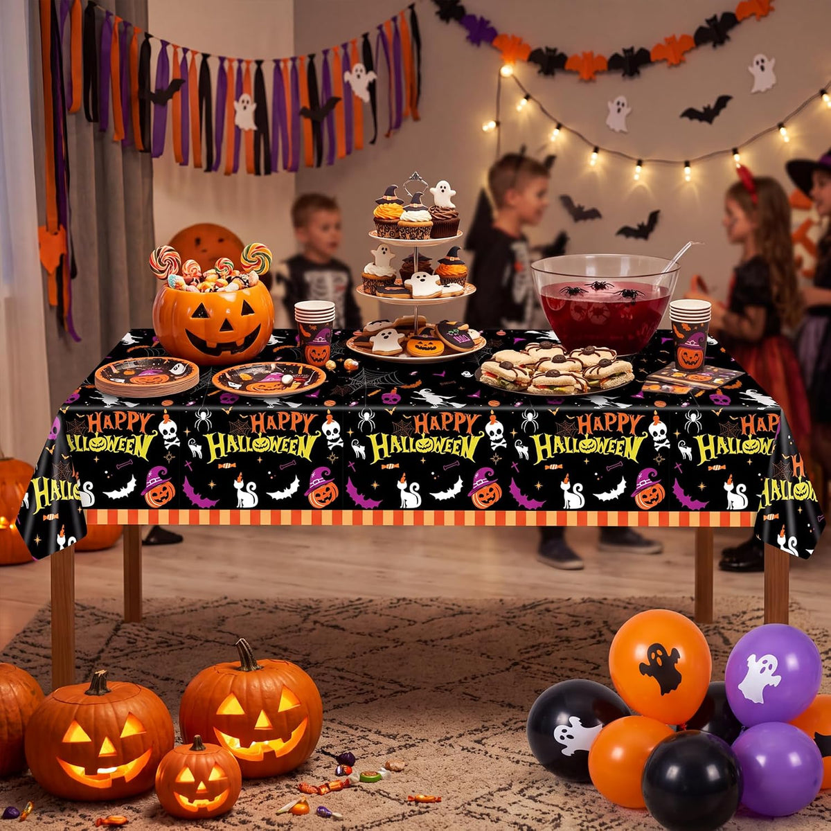 2 Pack Halloween Table Cloths 54X108In Plastic Halloween Party Decorations