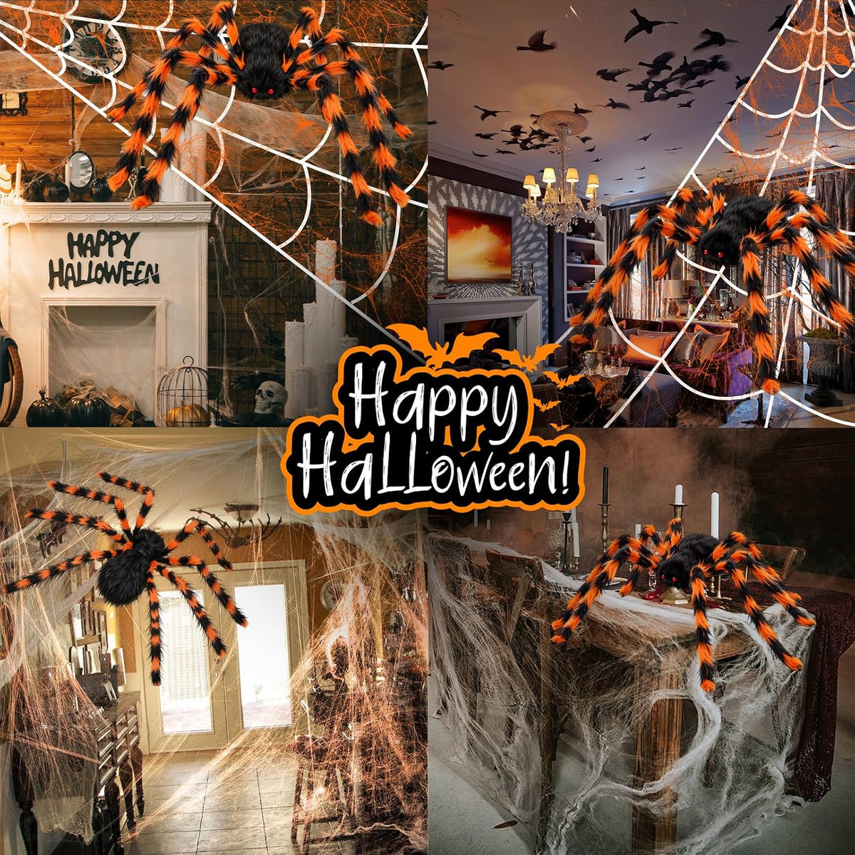 Halloween Decorations Spider Web, 50'' Giant Spider + 200'' Triangular Giant Spider Web and 20G Spider Web, Halloween Spider for Indoor Outdoor Scary Haunted House Spider Web Party Halloween Yard