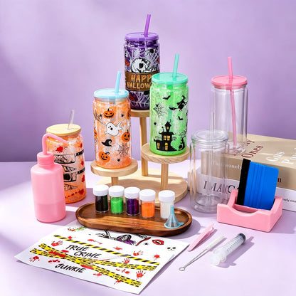 28 Pcs Halloween DIY Snow Globe Tumbler Kit 16 Oz Double Wall Acrylic Cups