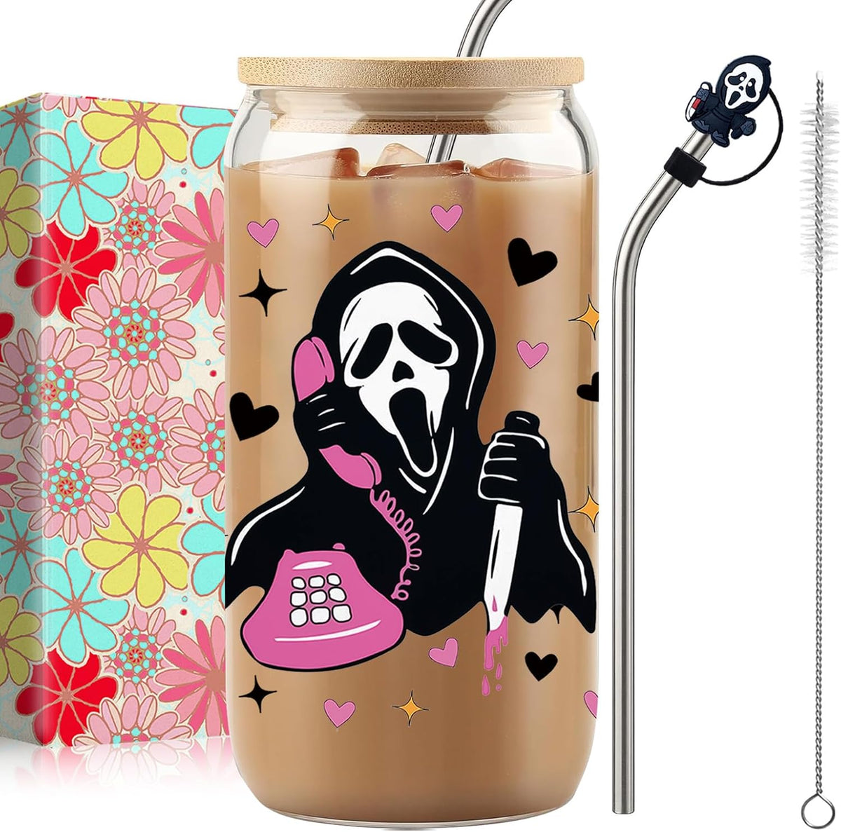 Halloween Mug Ghostface, Horror Ghost Mask Glass Cups with Lids and Straws Halloween Boo Gifts Cup Ghost Coffee Matcha Glass, Gift for Women Friends Men Gifts