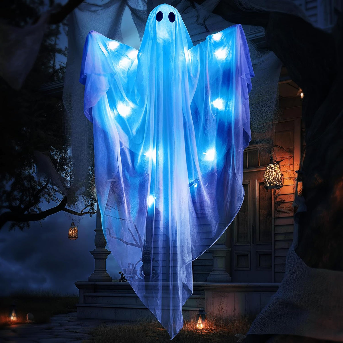 Halloween Hanging Light up Ghost with Spooky Blue LED Light, 47” White Hanging Ghosts, Best Halloween Hanging Decoration for Front Yard Patio Lawn Garden Party Decor Indoor Outdoor