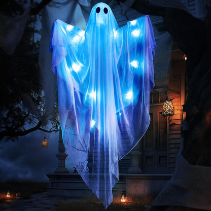 Halloween Hanging Light up Ghost with Spooky Blue LED Light, 47” White Hanging Ghosts, Best Halloween Hanging Decoration for Front Yard Patio Lawn Garden Party Decor Indoor Outdoor