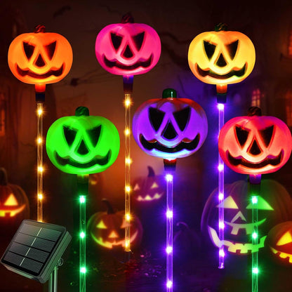 Set of 6 Solar Pumpkin Stake Lights for Halloween Decorations Outdoor, Colour Changing Lights, Light up Decorations, Pathway Party Porch Yard Decor (HUK119)