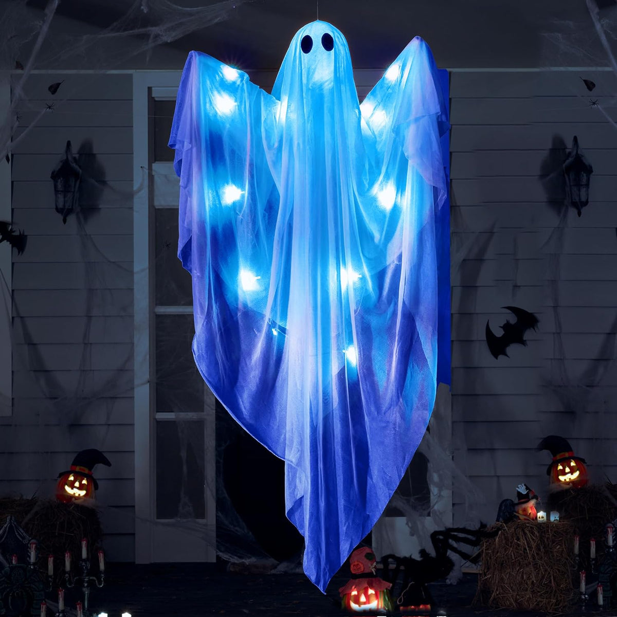 Halloween Hanging Light up Ghost with Spooky Blue LED Light, 47” White Hanging Ghosts, Best Halloween Hanging Decoration for Front Yard Patio Lawn Garden Party Decor Indoor Outdoor