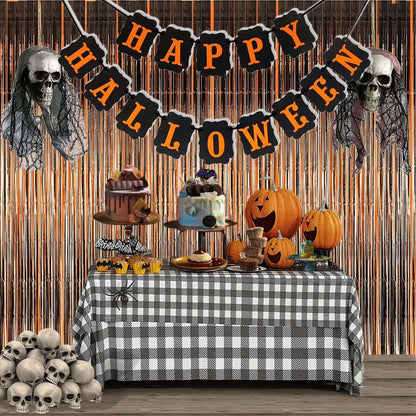 Halloween Party Decorations Black Orange Foil Fringe Curtain - 2PCS 3.3 X 8.2 Ft Metallic Tinsel Curtains Photo Booth Backdrop, Room Decor for Halloween Pumpkin Costumes Family Party
