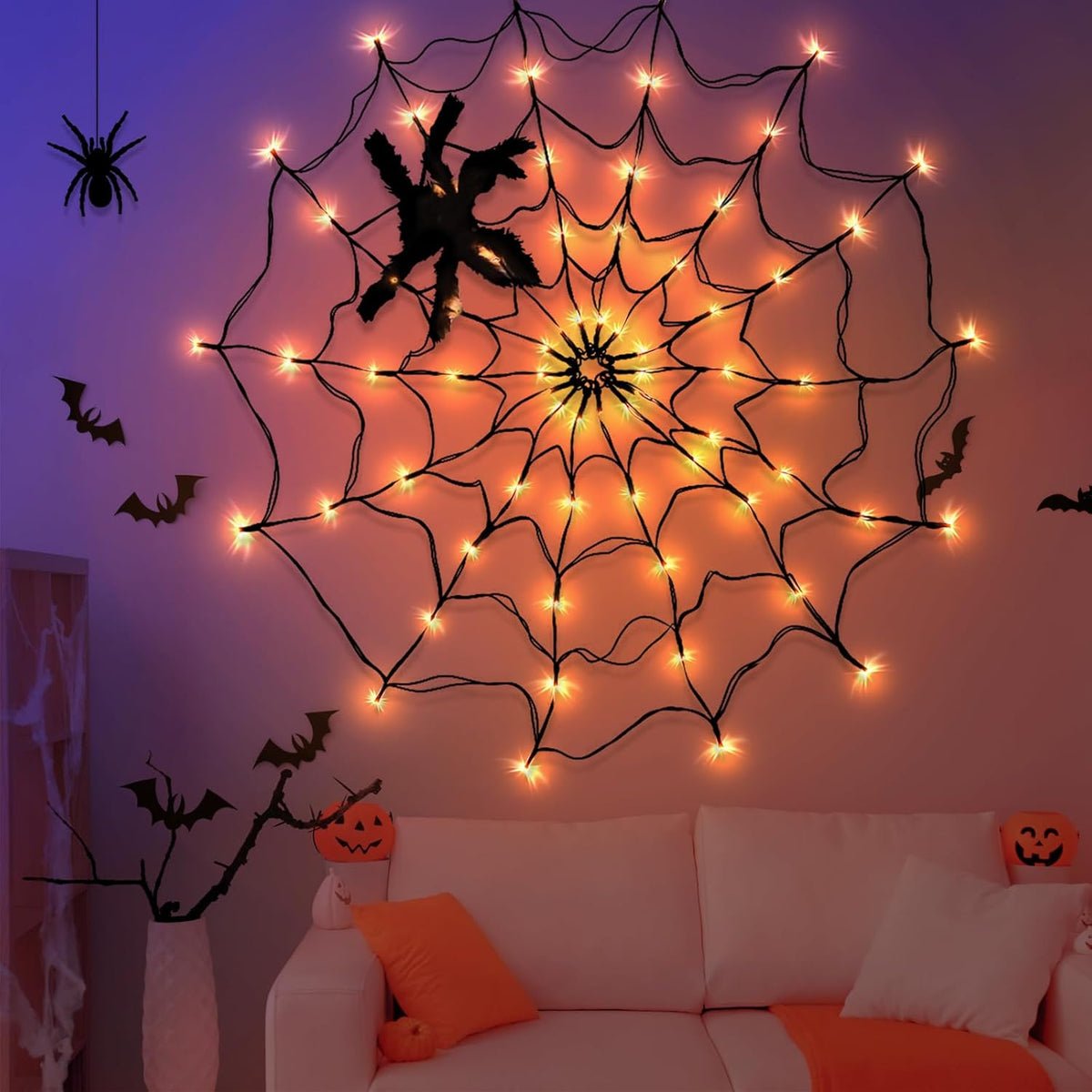 Halloween Decorations  Halloween Spider Web Lights with Plush Spider - Spooky Indoor Light-Up Decorations for Kids Party Haunted House Window Decor (3FT/100CM）