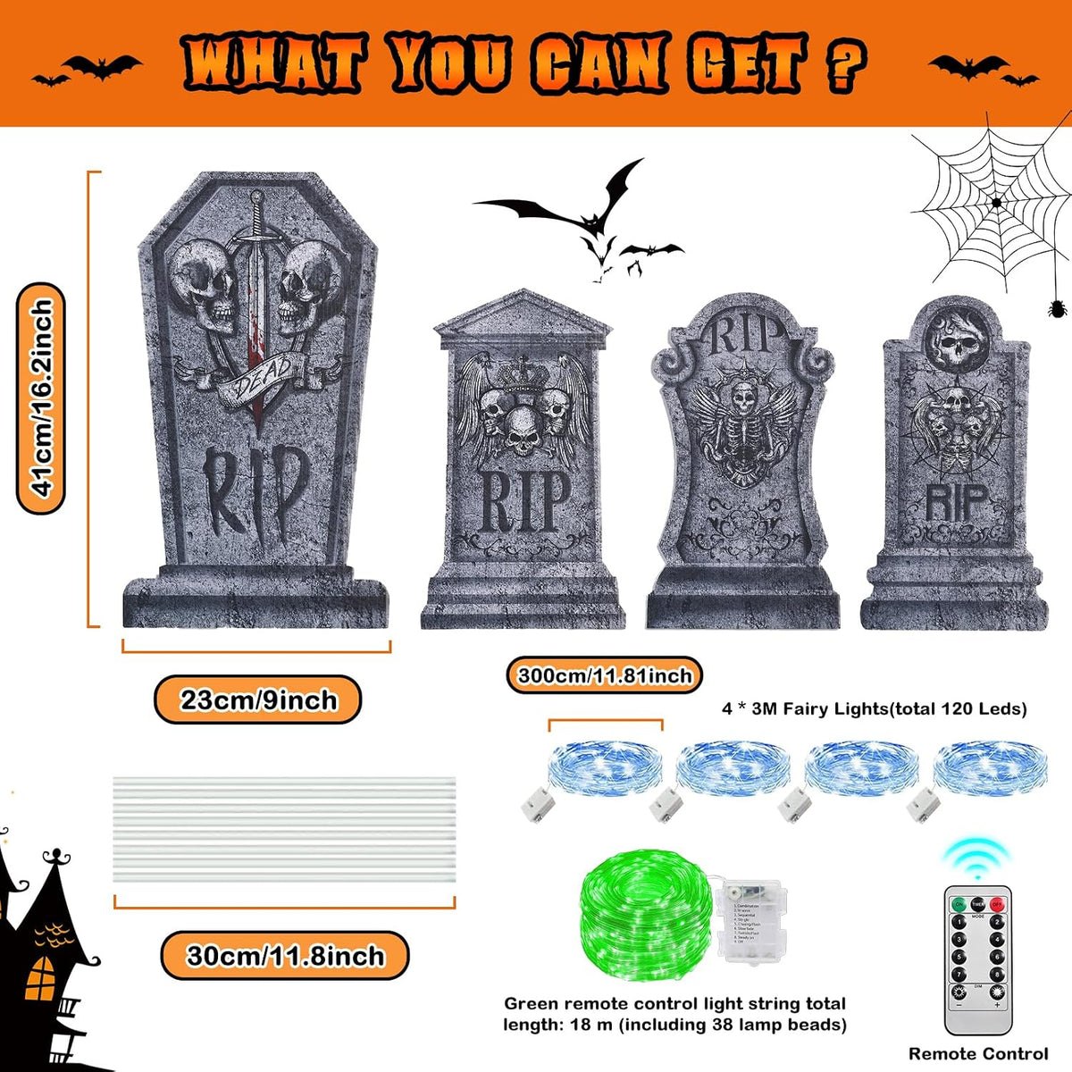 4 Pack Halloween Tombstone Decorations 16.2"-Green & Blue LED
