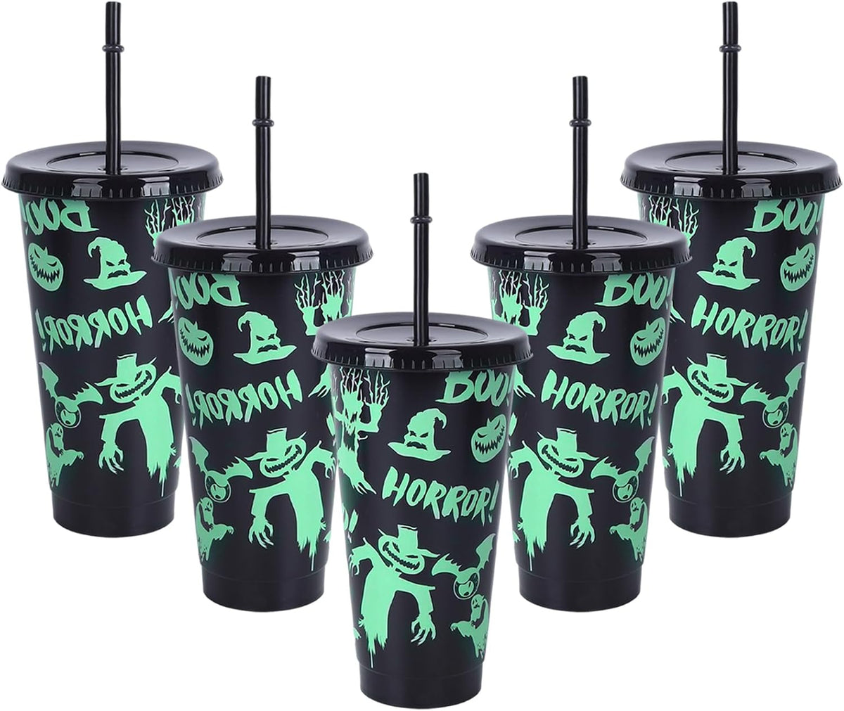 Set of 5 Luminous Colour-Changing Halloween Tumblers with Lids and Straws - 710ml Reusable Drinkware for Smoothies