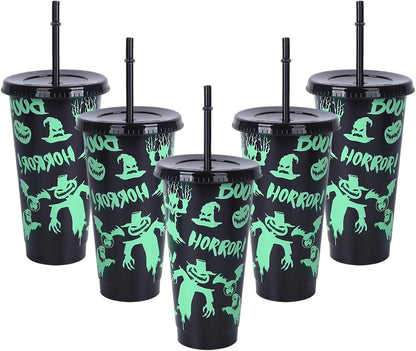 Set of 5 Luminous Colour-Changing Halloween Tumblers with Lids and Straws - 710ml Reusable Drinkware for Smoothies