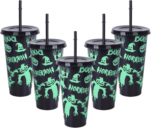 Set of 5 Luminous Colour-Changing Halloween Tumblers with Lids and Straws - 710ml Reusable Drinkware for Smoothies