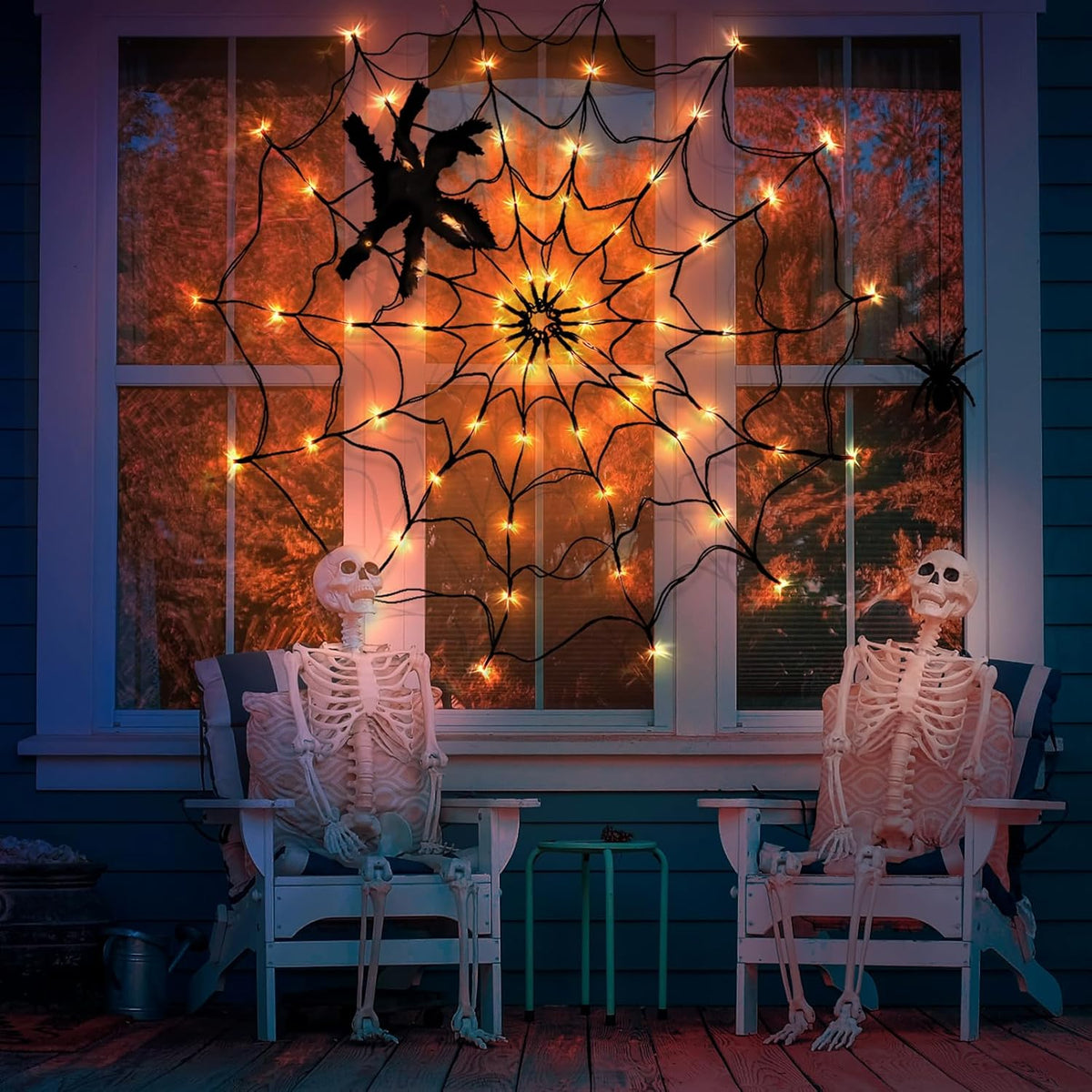 Halloween Decorations  Halloween Spider Web Lights with Plush Spider - Spooky Indoor Light-Up Decorations for Kids Party Haunted House Window Decor (3FT/100CM）