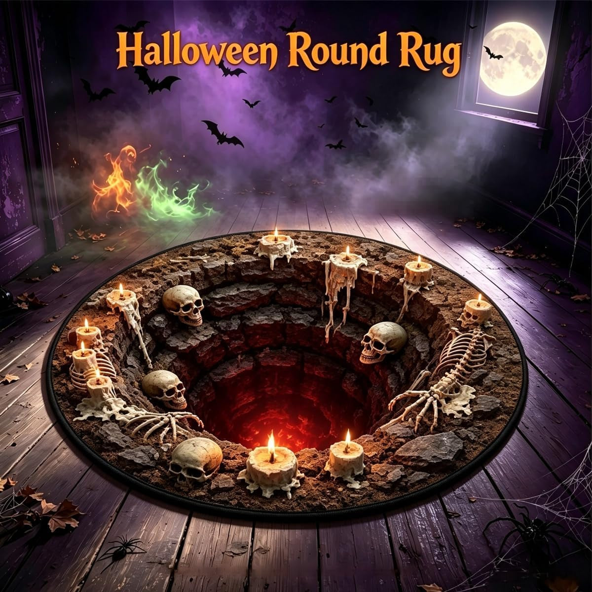 3D Skeleton Area Rug, 60 cm Diameter - Spooky Halloween Home Decor