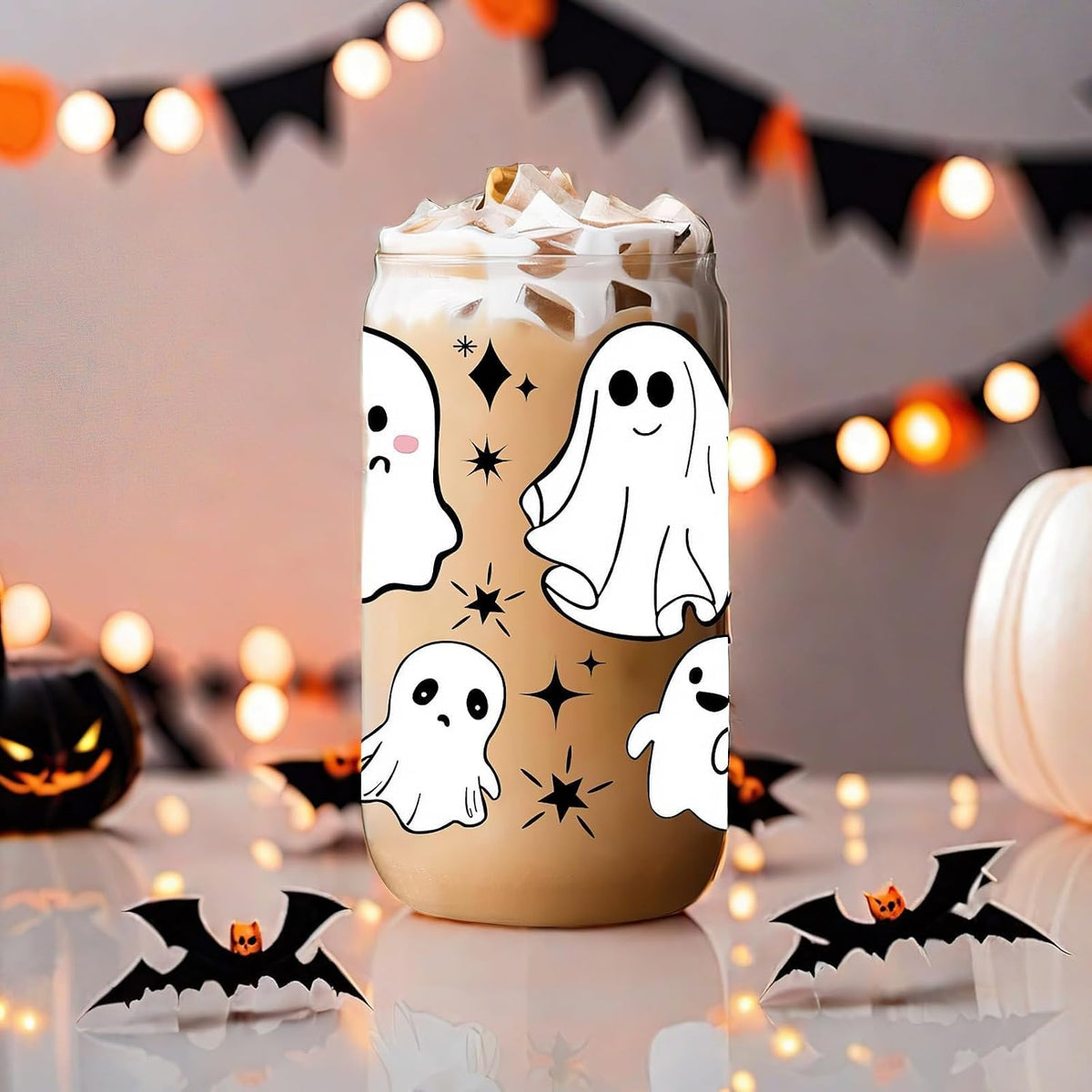 Halloween Glass Tumbler with Straw and Lid, Pumpkin Ghost Design (Style B)