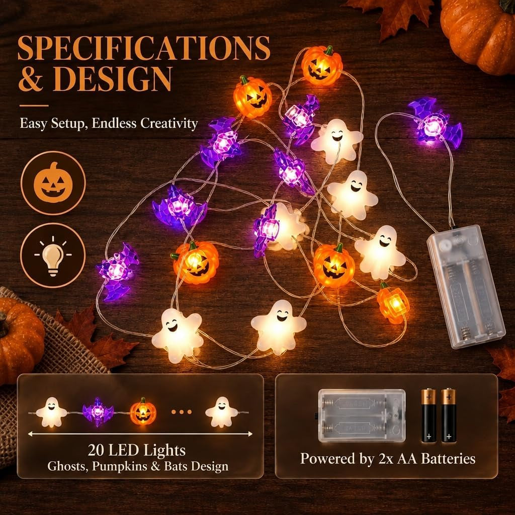 20 LED Battery-Operated Halloween String Lights for Outdoor Use - 2M Length