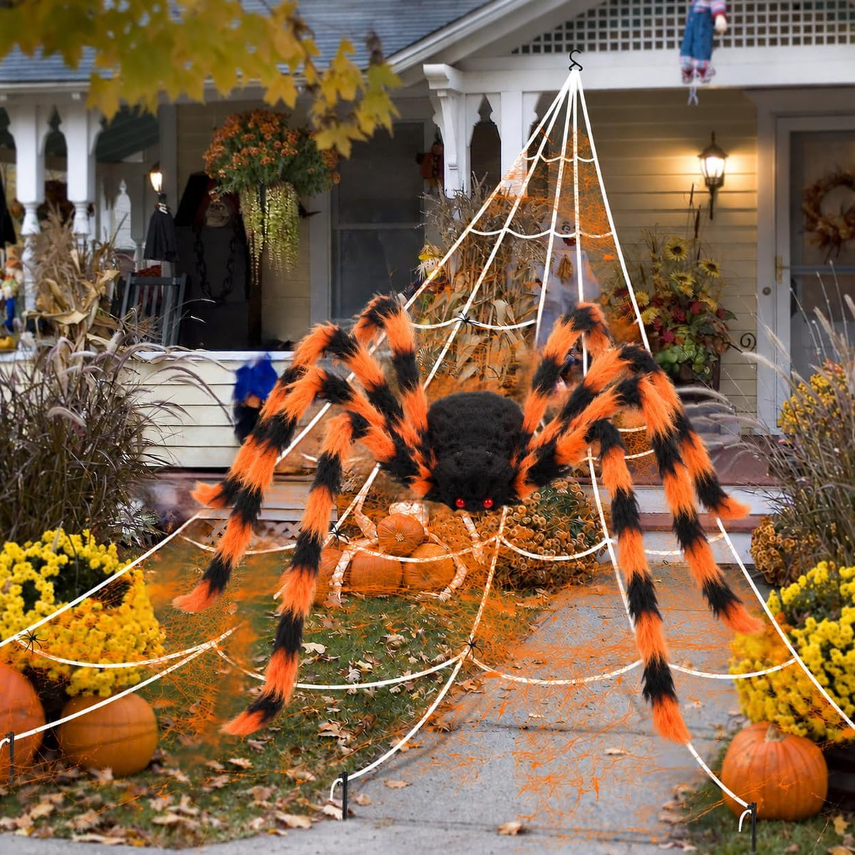 Halloween Decorations Spider Web, 50'' Giant Spider + 200'' Triangular Giant Spider Web and 20G Spider Web, Halloween Spider for Indoor Outdoor Scary Haunted House Spider Web Party Halloween Yard