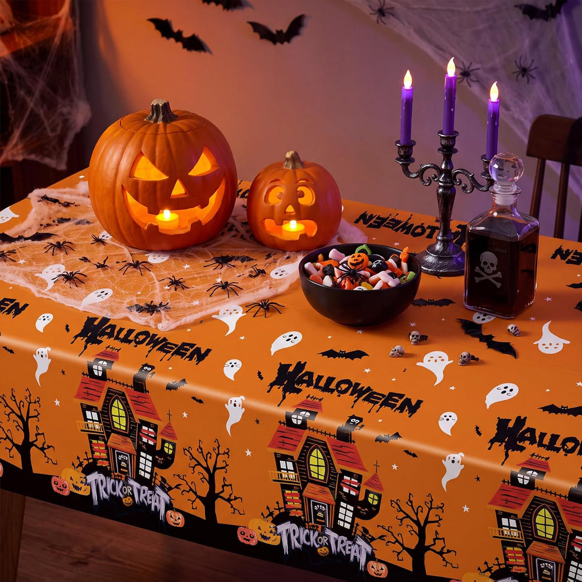 2 Pack Halloween Table Cloths 54X108In Plastic Halloween Party Decorations