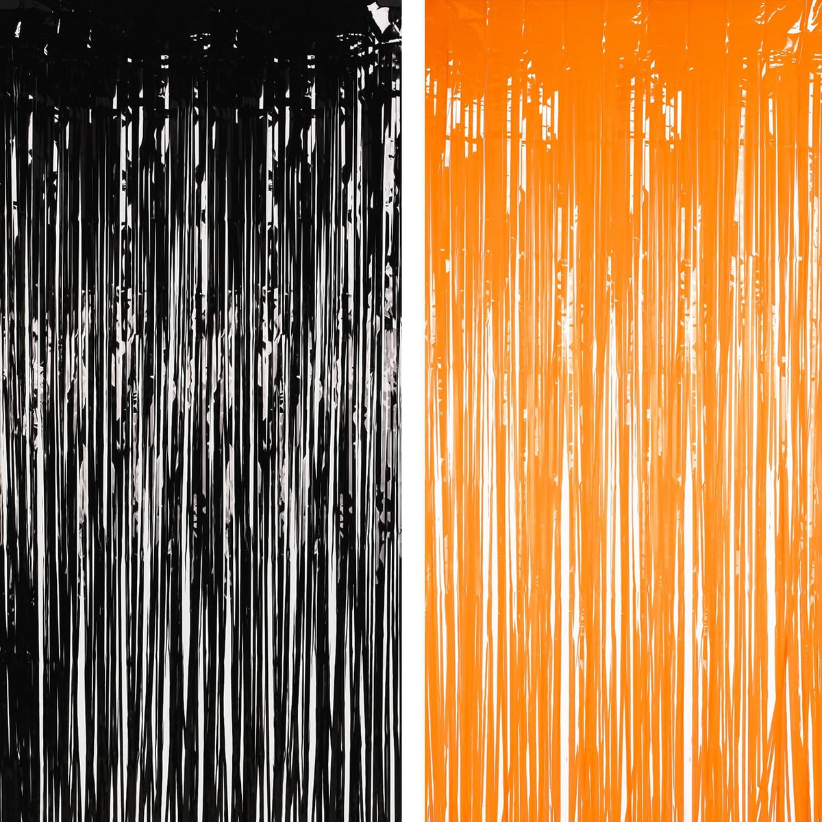 Halloween Party Decorations Black Orange Foil Fringe Curtain - 2PCS 3.3 X 8.2 Ft Metallic Tinsel Curtains Photo Booth Backdrop, Room Decor for Halloween Pumpkin Costumes Family Party