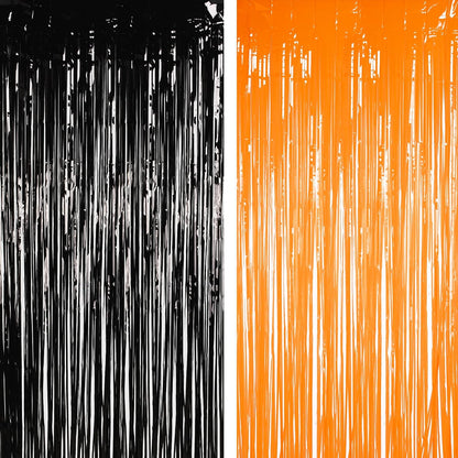 Halloween Party Decorations Black Orange Foil Fringe Curtain - 2PCS 3.3 X 8.2 Ft Metallic Tinsel Curtains Photo Booth Backdrop, Room Decor for Halloween Pumpkin Costumes Family Party