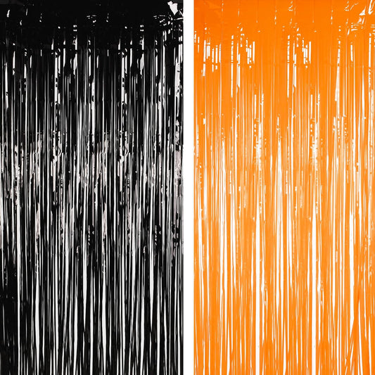 Halloween Party Decorations Black Orange Foil Fringe Curtain - 2PCS 3.3 X 8.2 Ft Metallic Tinsel Curtains Photo Booth Backdrop, Room Decor for Halloween Pumpkin Costumes Family Party