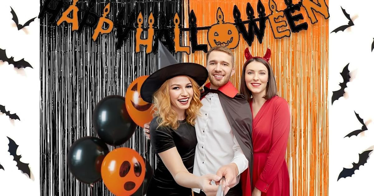 Halloween Party Decorations Black Orange Foil Fringe Curtain - 2PCS 3.3 X 8.2 Ft Metallic Tinsel Curtains Photo Booth Backdrop, Room Decor for Halloween Pumpkin Costumes Family Party