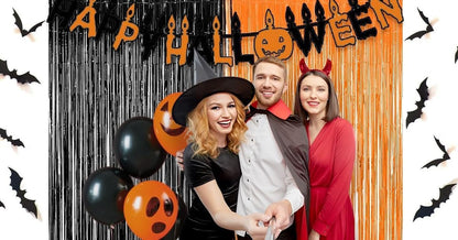 Halloween Party Decorations Black Orange Foil Fringe Curtain - 2PCS 3.3 X 8.2 Ft Metallic Tinsel Curtains Photo Booth Backdrop, Room Decor for Halloween Pumpkin Costumes Family Party