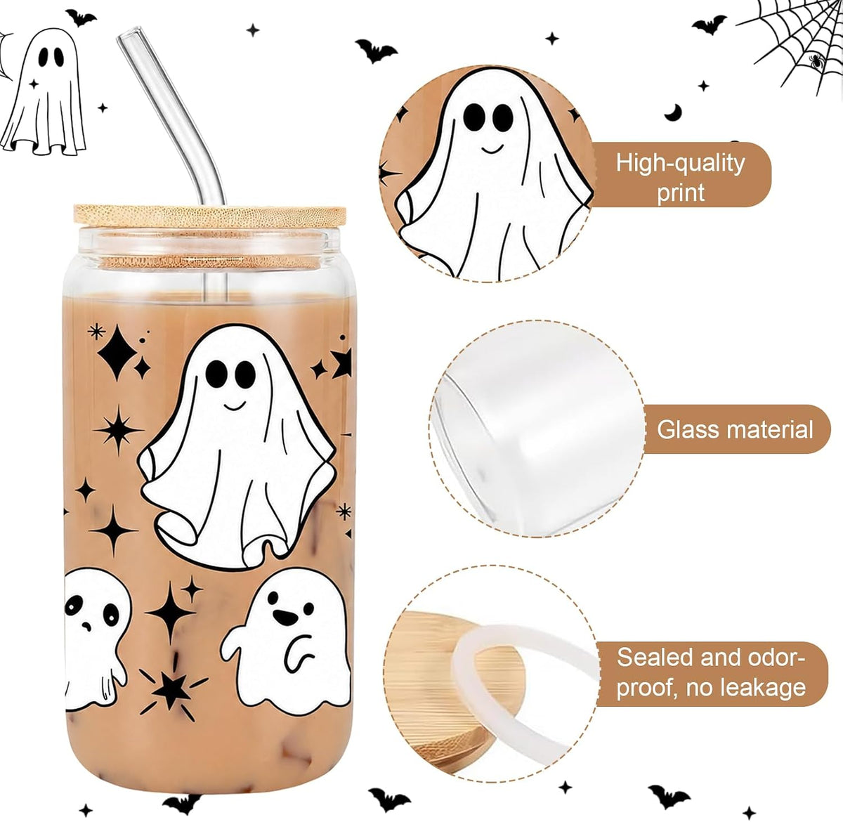 Halloween Glass Tumbler with Straw and Lid, Pumpkin Ghost Design (Style B)