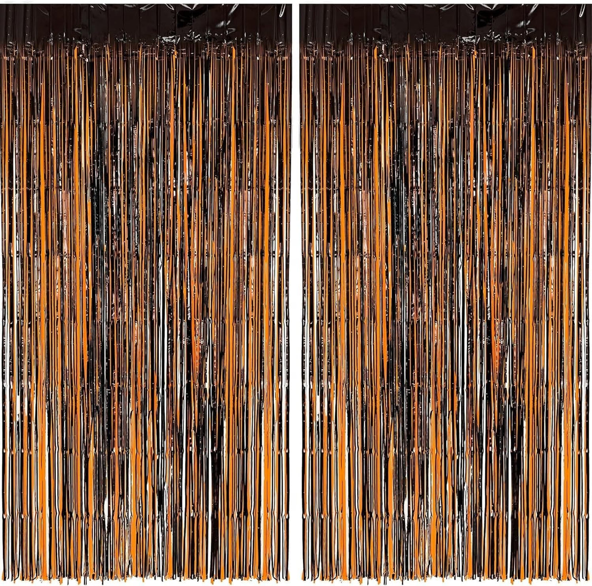 Halloween Party Decorations Black Orange Foil Fringe Curtain - 2PCS 3.3 X 8.2 Ft Metallic Tinsel Curtains Photo Booth Backdrop, Room Decor for Halloween Pumpkin Costumes Family Party