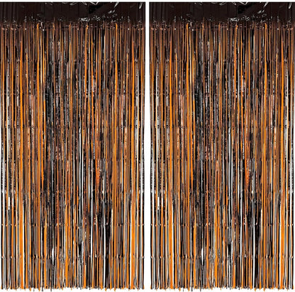Halloween Party Decorations Black Orange Foil Fringe Curtain - 2PCS 3.3 X 8.2 Ft Metallic Tinsel Curtains Photo Booth Backdrop, Room Decor for Halloween Pumpkin Costumes Family Party