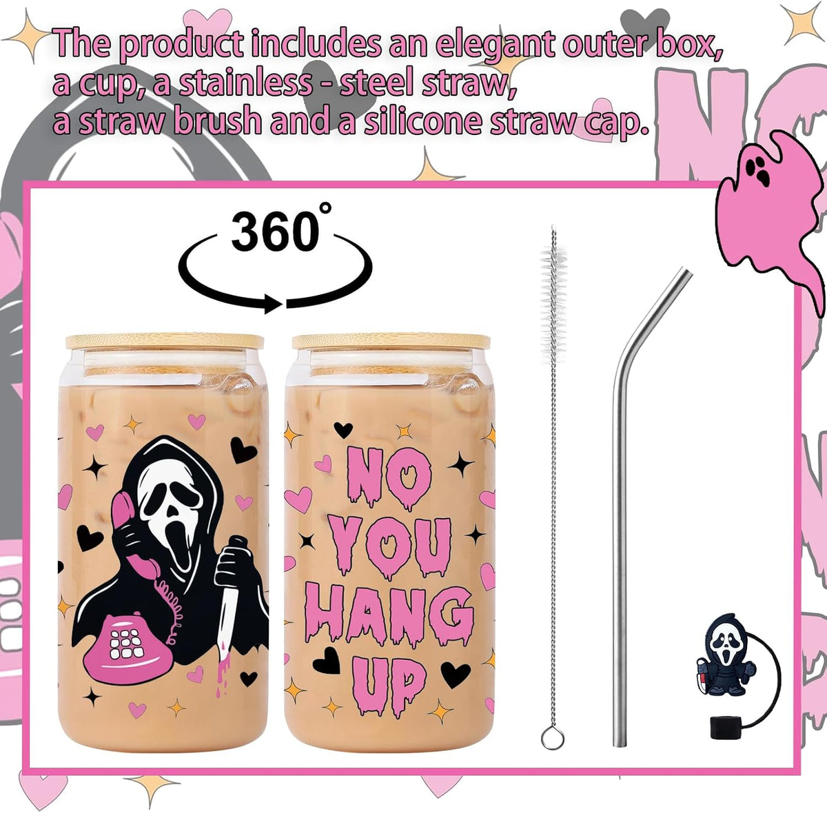 Halloween Mug Ghostface, Horror Ghost Mask Glass Cups with Lids and Straws Halloween Boo Gifts Cup Ghost Coffee Matcha Glass, Gift for Women Friends Men Gifts