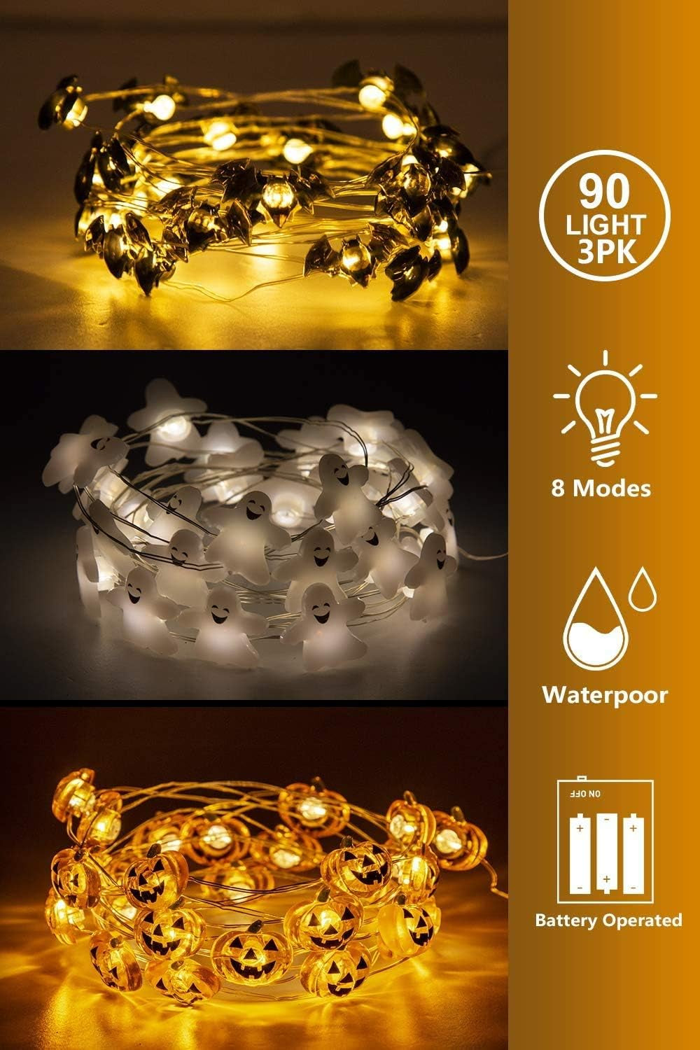 Halloween Lights Set of 3 Themed Fairy Lights with 30 LED Pumpkin Bat and Ghost Indoor Halloween Decorations Battery Powered with 8 Lighting Modes Waterproof Decor for Indoor and Outdoor