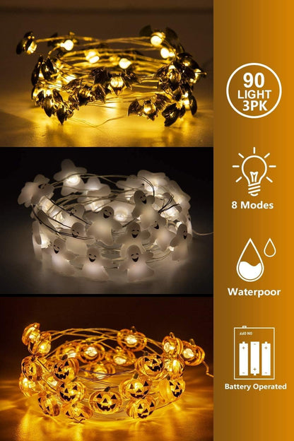 Halloween Lights Set of 3 Themed Fairy Lights with 30 LED Pumpkin Bat and Ghost Indoor Halloween Decorations Battery Powered with 8 Lighting Modes Waterproof Decor for Indoor and Outdoor
