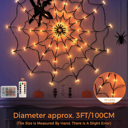 Halloween Decorations  Halloween Spider Web Lights with Plush Spider - Spooky Indoor Light-Up Decorations for Kids Party Haunted House Window Decor (3FT/100CM）