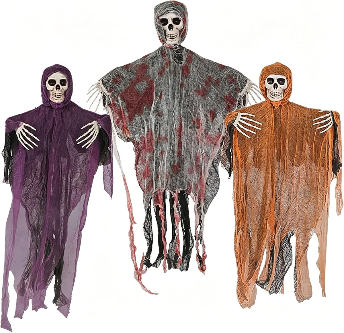 Hanging Halloween Decorations Outdoor Skeleton Ghost with 8 Modes Lights, Halloween Lighted Skeleton Ghost Set, 3 Pack 80Cm Ghosts Haloween Decor,Bloody Specter for Door outside Halloween Party Decor