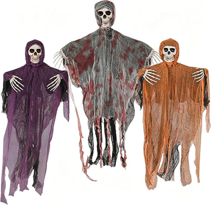 Hanging Halloween Decorations Outdoor Skeleton Ghost with 8 Modes Lights, Halloween Lighted Skeleton Ghost Set, 3 Pack 80Cm Ghosts Haloween Decor,Bloody Specter for Door outside Halloween Party Decor